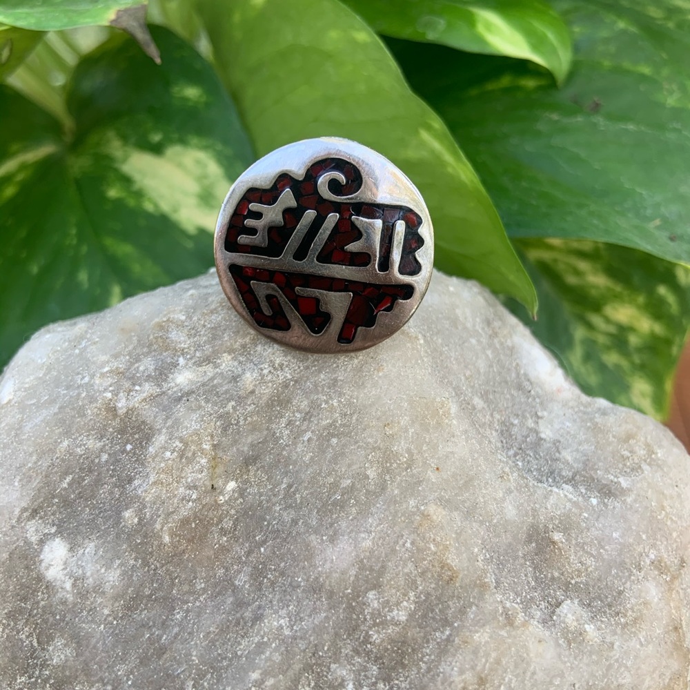 Engraved Azteca Mexican Art NICKEL SILVER  RING